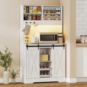 Bufet de Bucătărie Rustic 180cm, Dulap cu Priză de Încărcare, Lumini LED, Suport pentru Sticle, Blat pentru Cuptor, Rafturi Deschise, Uși Glisante, Orificiu pentru Cabluri, Alb - Img 2
