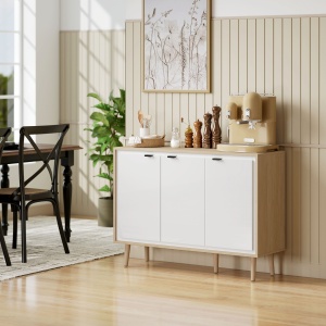 Bufet Modern cu 3 Uși și Raft Reglabil 107x35x77cm Alb și Stejar - Img 9