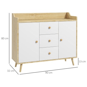 Bufet Modern din PAL si Lemn de di Pin cu 3 Sertare si 2 Dulapioare cu 2 Niveluri, 90x32x80 cm, Alb si Lemn Natur - Img 3