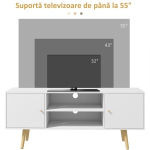 Cabinet TV 55" cu 2 Dulapuri, Uși și 2 Rafturi Deschise, Consolă TV din Lemn și PAL, 120x34x50 cm, Alb - Img 7