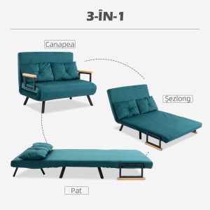 Canapea Extensibila 3-in-1 – Catifea Verde Marin, Spatar Reglabil - Img 4