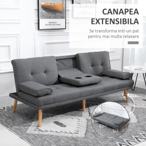 Canapea extensibilă cu 3 locuri, 2 cotiere detașabile și covoraș antiderapant, imitație in și lemn de plop, 181x77x78cm, gri închis - Img 4