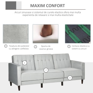 Canapea extensibila cu 3 locuri cu taburet si spatar inclinabil, tapiterie din catifea si scaun captusit, 218x85x86 cm, gri deschis - Img 7
