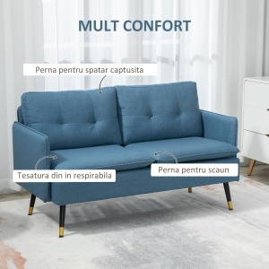Canapele cu 2 locuri pentru camera de zi din tesatura cu buton cu perne, albastru inchis - Img 4