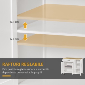 carucior bucatarie cu 4 roți, 3 rafturi, pentru bucătărie si sufragerie,107×48×89 cm, din MDF, Lemn de cauciucalba, alb - Img 4