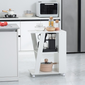 Carucior Bucatarie Lemn Alb – Cu Roti si 2 Rafturi Deschise - Img 2