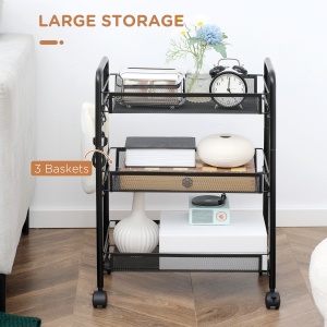 Carucior de bucatarie cu 3 niveluri cu cosuri detasabile si 4 roti, otel si plastic PP, 45Lx26,5x63cm, Negru - Img 4