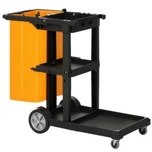 Cărucior de Curățenie Profesional cu 3 Rafturi cu Cârlige pentru Mătură și Sac de 100L, 121x50,5x96,5 cm, Negru