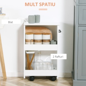Carucior multifunctional pentru economisirea spatiului pentru baie si bucatarie, carucior din lemn MDF cu roti pivotante si maner, 42,5x20,3x66,7cm, alb - Img 4