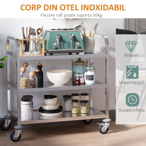 Carucior Pentru Bucatarie 3 Rafturi in Otel Inox 85x45x90cm - Img 7