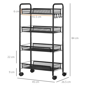 Carucior utilitar cu 4 niveluri, carucior de servire rulant cu cosuri de plasa detasabile, pentru sufragerie si bucatarie, spalatorie, garaj si baie, negru - Img 3