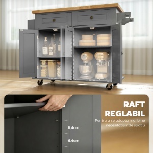 Căruț de Bucătărie cu 2 Sertare și 2 Dulapuri, Insulă de Bucătărie cu Blat din Lemn, 111x44,5x82,5 cm, Gri - Img 5