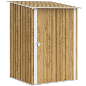 Căsuță de Grădină 0.92m² din Oțel Galvanizat, Depozit pentru Unelte cu Ușă Blocabilă, Acoperiș Înclinat, 100x104x160 cm, Maro Deschis cu Aspect de Lemn