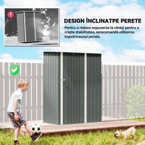 Căsuță de Grădină 1.07m² din Oțel Zincat, Căsuță pentru Unelte cu Ușă Blocabilă, Acoperiș Înclinat, 142x86x189 cm, Gri Deschis - Img 6