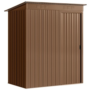 Căsuță de Grădină 1.37m² din Metal, Montaj Ușor, Căsuță pentru Unelte de Grădină cu Orificii de Aerisire, Ușă Glisantă, Acoperiș Înclinat și Mănuși, 159x106x181 cm, Maro - Img 1