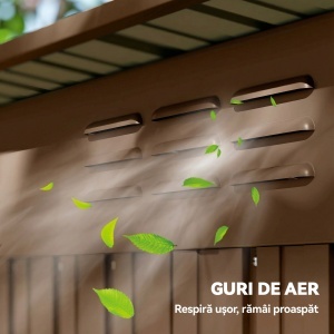 Căsuță de Grădină 1.37m² din Metal, Montaj Ușor, Căsuță pentru Unelte de Grădină cu Orificii de Aerisire, Ușă Glisantă, Acoperiș Înclinat și Mănuși, 159x106x181 cm, Maro - Img 8