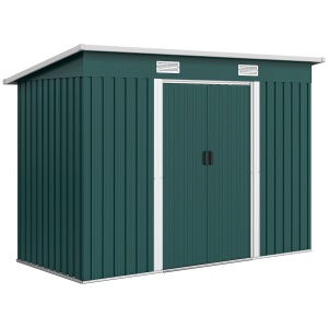 Căsuță de Grădină 3,18m² din Oțel Zincat cu 2 Guri de Aerisire, Depozit pentru Unelte cu Uși Duble Culisante, Acoperiș Înclinat, 272x134x182 cm, Verde Întunecat