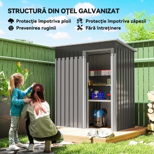 Căsuță de Grădină Exterior 1,16 m² 163x89x182 cm din Metal cu Ușă Culisantă și Acoperiș Înclinat, Gri - Img 3
