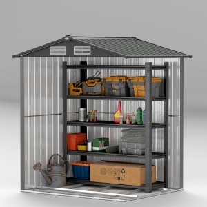 Căsuță de Grădină pentru Unelte din Oțel cu Acoperiș Înclinat și 4 Ferestre de Ventilație, 152x132x188 cm, Gri - Img 8