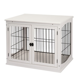 Casuta pentru Caini de pana la 30 kg de Interior din Lemn si Otel, 58,5 x 81 x 66 cm - Alba - Img 1