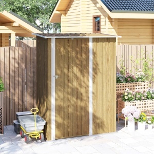 Căsuță pentru Grădină 1.07m² din Oțel Galvanizat, Căsuță pentru Unelte cu Ușă Blocabilă, Acoperiș Înclinat, 142x86x189 cm, Imitatie Lemn - Img 7