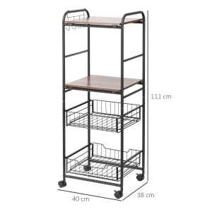 Caucior de Bucatarie cu 2 Cosuri detasabile din Metal, 2 rafturi din PAL si Carlige laterale, 40x38x111cm - Img 3