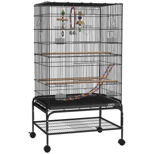 Colivie pentru Păsări 110 cm, Volieră pentru Perusi, Nimfe, Canari, Agapornis, Cinteze cu Roți, 4 Recipiente, Jucării, Tavă Detașabilă, Raft, Negru