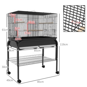 Colivie pentru Păsări de Interior cu Tăviță, Raft și Roți, Volieră din Oțel pentru Perusi, Canari, Nimfe și Papagali, Negru, 85 x 49 x 119 cm - Img 3