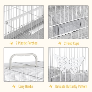 Colivie pentru Pasari din Metal cu Stinghii, Boluri pentru Mancare si Maner, 60x41x41cm, Alb - Img 7