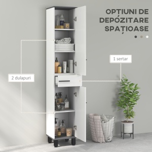 Coloană de Baie Modernă cu Sertar, 2 Dulapuri, 2 Uși și Rafturi Reglabile, Mobilier de Baie, 34x34x190 cm, Alb - Img 4