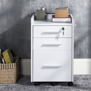 Comoda Birou 3 Sertare – Cu Etajera & 5 Roti, Alb Modern - Img 2