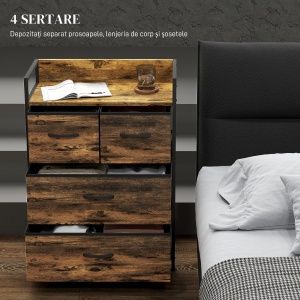 Comodă cu 4 Sertare Detaşabile, Pliabile şi Raft de Depozitare, 60x29x85 cm, Maro şi Negru - Img 4