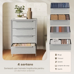 Comoda cu 4 Sertare în Oțel cu Acoperire în Țesut cu Efect de In, 60x36x88 cm, Gri - Img 4