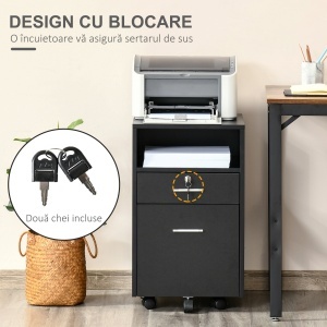 Comodă de Birou cu 2 Sertare și Raft Deschis, Mobilier cu 5 Rotile, Încuietoare și 2 Chei, 39x40x65 cm, Negru - Img 4