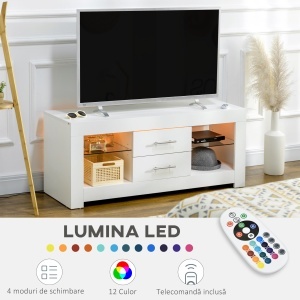 Comoda TV cu LED RGB – 55”, Etajere Sticla & Telecomanda, 12 Culori, 10W - Img 4