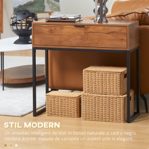 Consola pentru hol cu sertar, masa consola din lemn cu picioare din otel, 80x30x76cm, maro si negru - Img 4