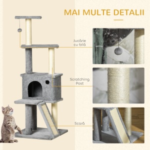 Copac pentru Pisici pe Mai Multe Niveluri cu Căsuță, Scară și Stâlpi din Sisal, Gri - Img 7