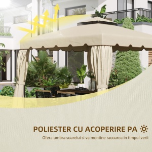 Copertina de schimb pentru foisor de gradina cu acoperis cu 2 niveluri, capac din poliester pentru foisor de 3x3m, bej - Img 4