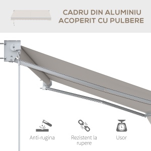 Copertina pentru soare cu brate si actionare manuala, din aluminiu si poliester pentru exterior, 250x200 cm, alb crem - Img 7