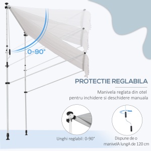 Copertina pentru soare pentru exterior tip rulou cu manivela, inaltime si unghi reglabil, 200x150cm, alb - Img 6