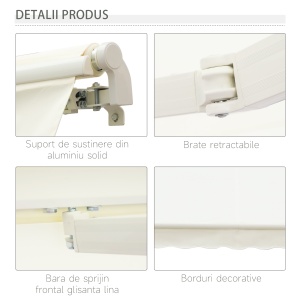Copertina pentru soare tip rulou cu manivela, din aluminiu si poliester, 295x245cm, alb - Img 4