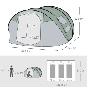 Cort de Camping Pop Up pentru 2 Persoane cu 2 Uși, 4 Ferestre și Înveliș Impermeabil, 263.5x220x123 cm, Verde - Img 3
