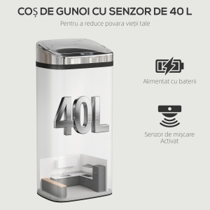 Coș de Gunoi Automat de 40L cu Senzor, Structură din Oțel, 33x25x70 cm, Argintiu - Img 4