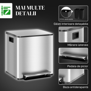 Coș de Gunoi cu 2 Compartimente de 15L cu Pedală, și Capac Silențios din Oțel, 41,8x36,7x44 cm, Argintiu - Img 7