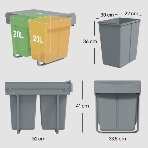 Coș de gunoi retractabil sub chiuvetă, 2 găleți de 20L, Gri - Img 3