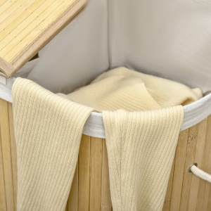 Cos de rufe din bambus cu capac, 100 litri cu 2 sectiuni, captuseala detasabila lavabila, 62,5 x 37 x 60,5 cm, natural - Img 9