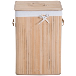 Cos de rufe din bambus cu capac si geanta detasabila din material, 40x30x60cm, natural - Img 7