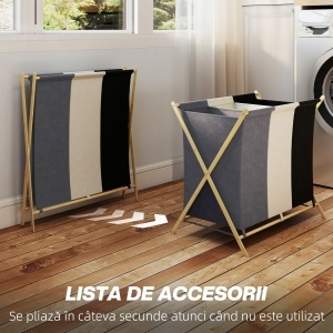 Coș de Rufe Pliabil cu 3 Compartimente, din Bambus și Material cu Efect de In, 75x48x67 cm, Multicolor - Img 5