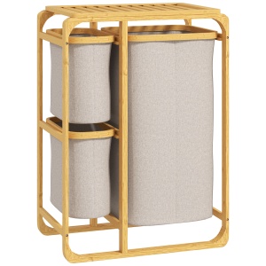 Coș pentru Rufe cu 3 Saci și Rafturi Detașabile din Material Textil din Bambus, 50x32x69,7 cm, Alb Crem - Img 1