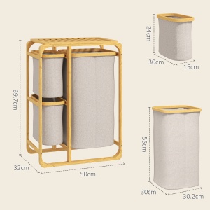 Coș pentru Rufe cu 3 Saci și Rafturi Detașabile din Material Textil din Bambus, 50x32x69,7 cm, Alb Crem - Img 3